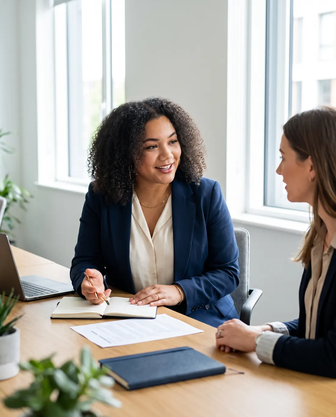 A one-to-one career coaching conversation across a desk with notes and a CV